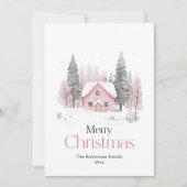 Roze Winter Cottage Kerstmis Feestdagenkaart (Voorkant)