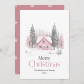 Roze Winter Cottage Kerstmis Feestdagenkaart (Voorkant / Achterkant)