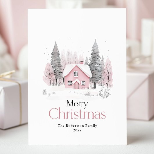 Roze Winter Cottage Kerstmis Feestdagenkaart