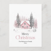 Roze Winter Cottage Kerstmis Feestdagenkaart (Voorkant)