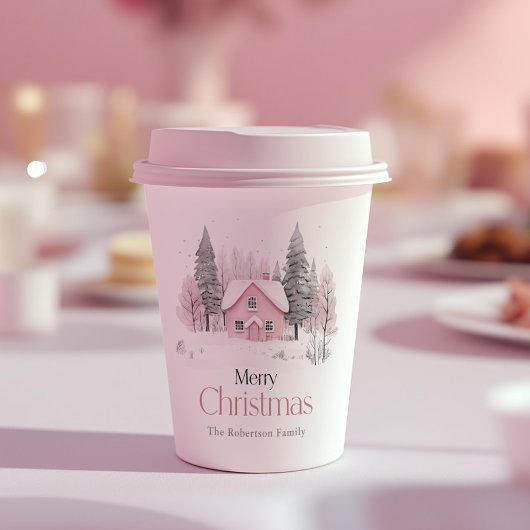 Roze Winter Cottage Kerstmis Papieren Bekers