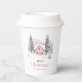 Roze Winter Cottage Kerstmis Papieren Bekers (Voorkant)