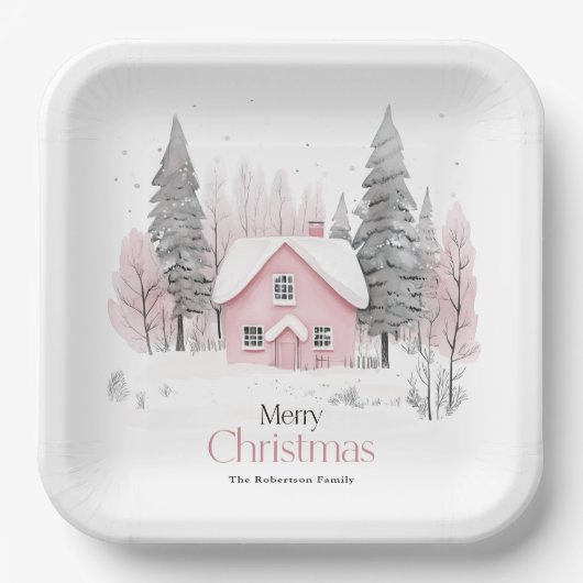 Roze Winter Cottage Kerstmis Papieren Bordje (Voorkant)