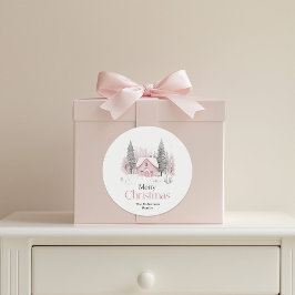 Roze Winter Cottage Kerstmis Ronde Sticker