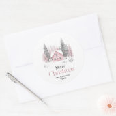 Roze Winter Cottage Kerstmis Ronde Sticker (Envelop)