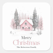 Roze Winter Cottage Kerstmis Vierkante Sticker (Voorkant)