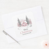 Roze Winter Cottage Kerstmis Vierkante Sticker (Envelop)