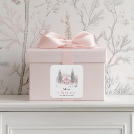 Roze Winter Cottage Kerstmis Vierkante Sticker