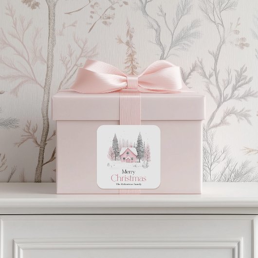 Roze Winter Cottage Kerstmis Vierkante Sticker
