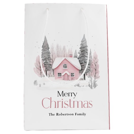 Roze Winter Cottage Medium Cadeauzakje (Voorkant)