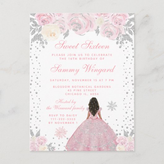 Roze Winter Donkere Huid Prinses Sweet Sixteen Briefkaart (Voorkant)