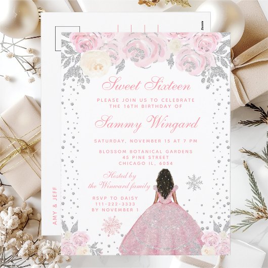 Roze Winter Donkere Huid Prinses Sweet Sixteen Briefkaart
