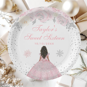 Roze Winter Donkere Huid Prinses Sweet Sixteen Papieren Bordje