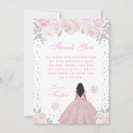 Roze Winter Donkere Huid Prinses Verjaardagsfeest Bedankkaart (Voorkant)