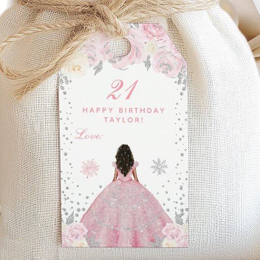 Roze Winter Donkere Huid Prinses Verjaardagsfeest Cadeaulabel