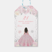 Roze Winter Donkere Huid Prinses Verjaardagsfeest Cadeaulabel (Voorkant)