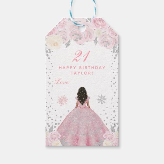 Roze Winter Donkere Huid Prinses Verjaardagsfeest Cadeaulabel (Voorkant)