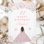 Roze Winter Donkere Huid Prinses Verjaardagsfeest Kaart