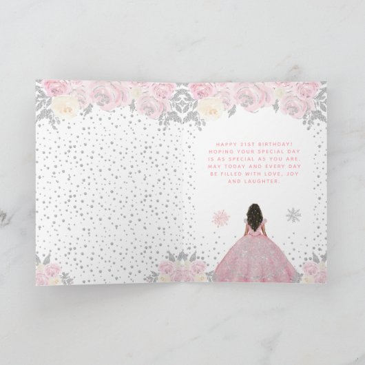 Roze Winter Donkere Huid Prinses Verjaardagsfeest Kaart (Binnen)