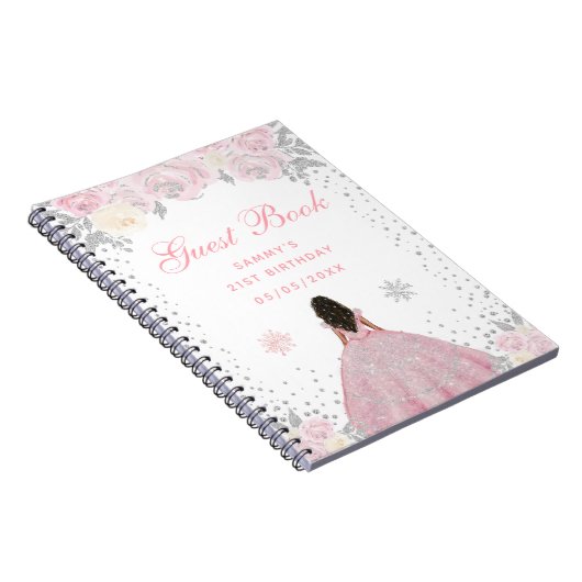 Roze Winter Donkere Huid Prinses Verjaardagsfeest Notitieboek (Rechterzijde)