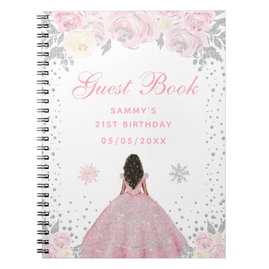 Roze Winter Donkere Huid Prinses Verjaardagsfeest Notitieboek (Voorkant)