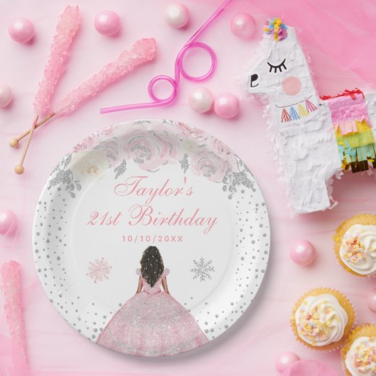 Roze Winter Donkere Huid Prinses Verjaardagsfeest Papieren Bordje (Feest)