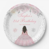 Roze Winter Donkere Huid Prinses Verjaardagsfeest Papieren Bordje (Voorkant)