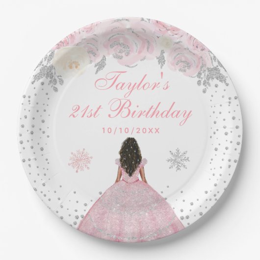 Roze Winter Donkere Huid Prinses Verjaardagsfeest Papieren Bordje (Voorkant)