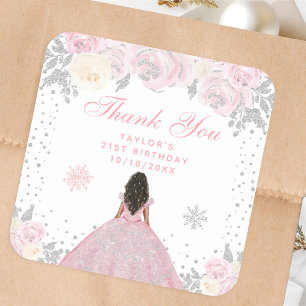 Roze Winter Donkere Huid Prinses Verjaardagsfeest Vierkante Sticker
