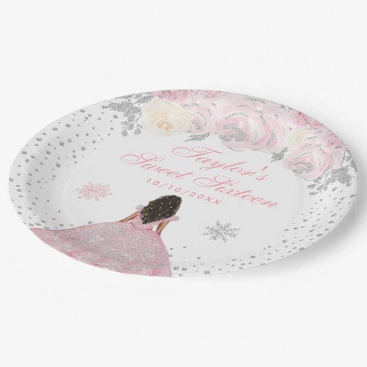 Roze Winter Donkere Huid Prinses Zoet Zestien Papieren Bordje (Gekanteld)