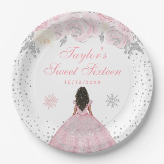 Roze Winter Donkere Huid Prinses Zoet Zestien Papieren Bordje (Voorkant)