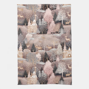 Roze Winter Herten Fantasie Kasteel Landschap (2) Theedoek