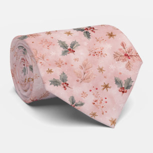 Roze Winter - Hulstbladeren en Sneeuwvlokken Stropdas