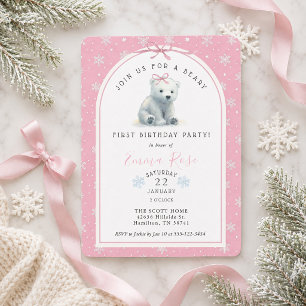 Roze Winter Ijsbeer Beary 1e Verjaardagsfeestje Kaart