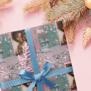 Roze Winter Kerst Familie Foto Cadeaupapier
