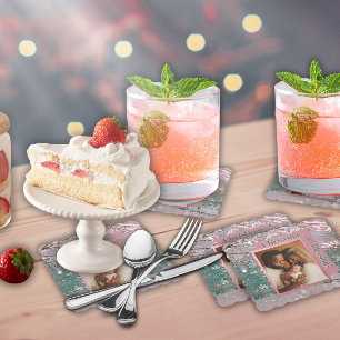 Roze Winter Kerst Familie Foto Kartonnen Onderzetters