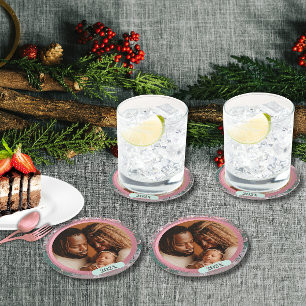 Roze Winter Kerst Familie Foto Ronde Kartonnen Onderzetter