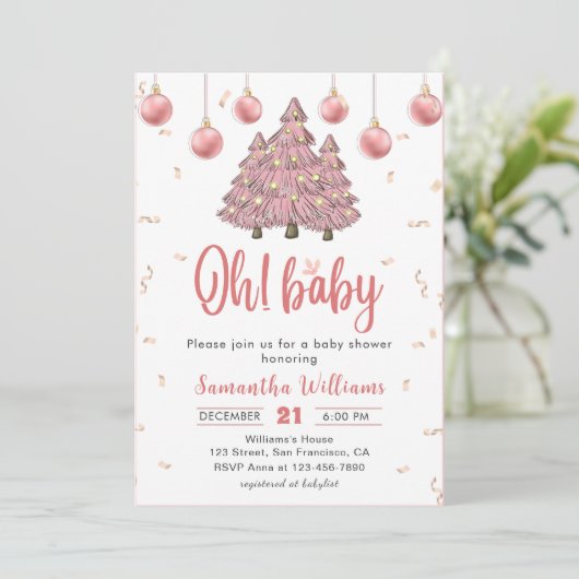 Roze Winter Kerstbomen Santa Baby shower Kaart (Staand voorkant)
