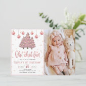Roze Winter Kerstbomen Verjaardagsfeestfoto Kaart (Staand voorkant)