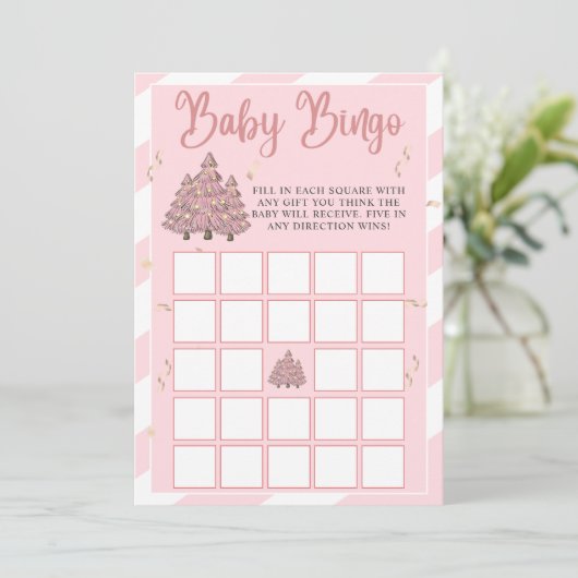 Roze Winter Kerstboom Baby shower Bingo spel Kaart (Staand voorkant)