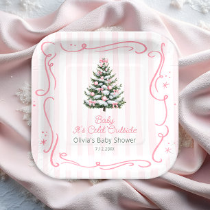 Roze Winter Kerstboom Baby Shower Papieren Bordje