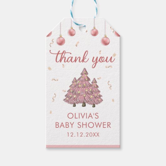 Roze Winter Kerstboom Santa Baby shower Cadeaulabel (Voorkant)