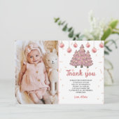 Roze Winter Kerstboom Verjaardag Foto Bedankkaart (Staand voorkant)