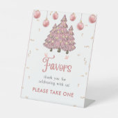 Roze Winter Kerstboom Verjaardag gunst teken Reclamebord Met Voetstuk (Voorkant)