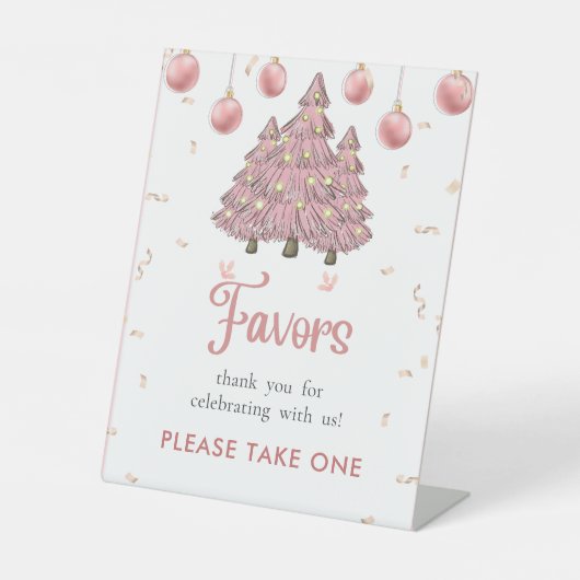 Roze Winter Kerstboom Verjaardag gunst teken Reclamebord Met Voetstuk (Voorkant)