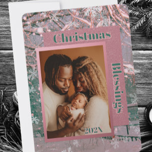 Roze Winter Kerstmis Familiefoto Feestdagenkaart