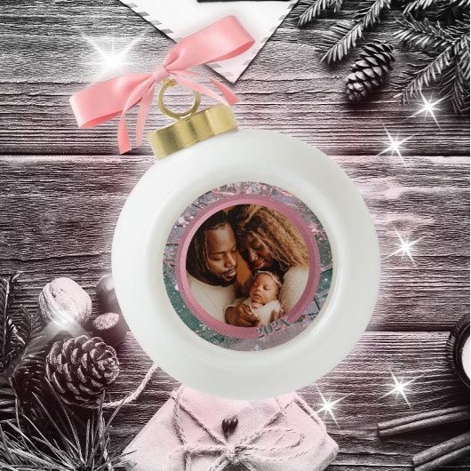 Roze Winter Kerstmis Familiefoto Keramische Bal Ornament
