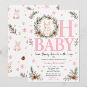 Roze Winter Konijn Baby Shower Kaart