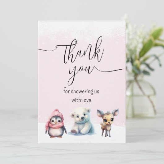 Roze Winter Koud Buiten Meisje Baby shower Bedankkaart (Staand voorkant)