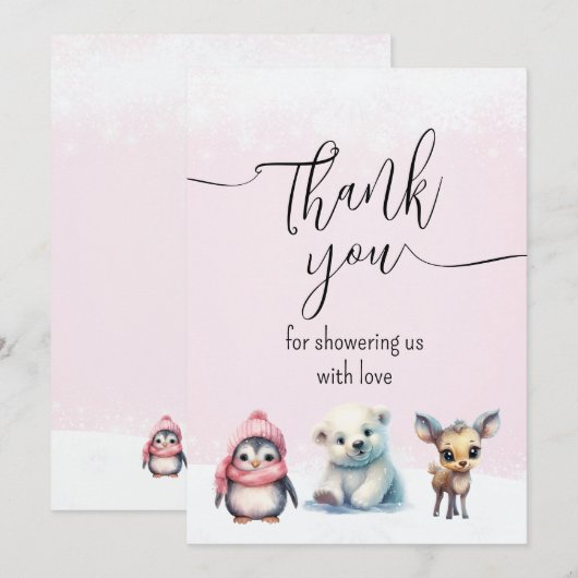 Roze Winter Koud Buiten Meisje Baby shower Bedankkaart (Voorkant / Achterkant)